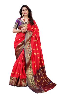 Red woven banarasi cotton saree with blouse 1