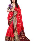 Red woven banarasi cotton saree with blouse