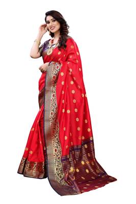 Red woven banarasi cotton saree with blouse 2