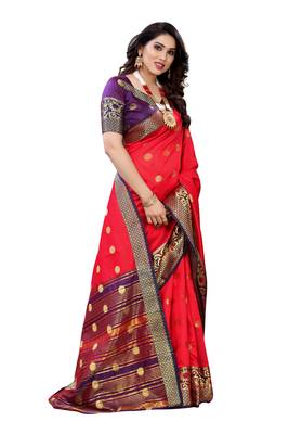 Red woven banarasi cotton saree with blouse 3