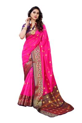 Pink woven banarasi cotton saree with blouse 1