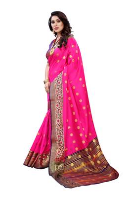 Pink woven banarasi cotton saree with blouse 2