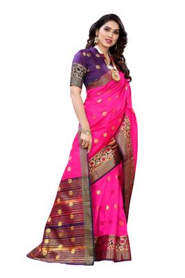 Pink woven banarasi cotton saree with blouse 3