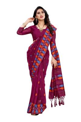 Magenta woven cotton saree with blouse 4
