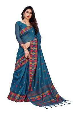 Blue woven cotton saree with blouse 1