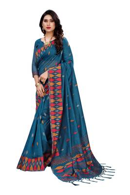 Blue woven cotton saree with blouse 2