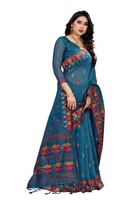 Blue woven cotton saree with blouse 3
