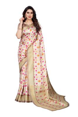Beige printed khadi saree with blouse 1