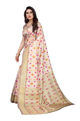 Beige printed khadi saree with blouse 2