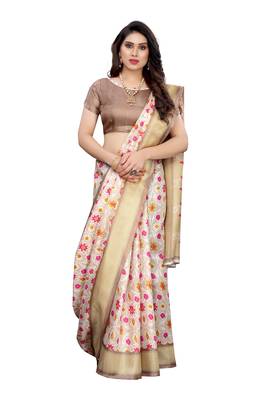 Beige printed khadi saree with blouse 3