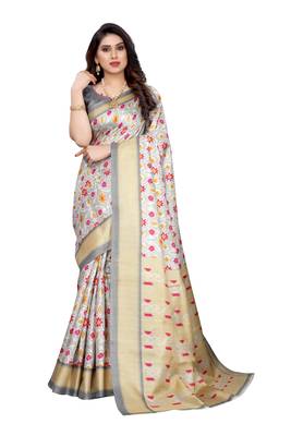 Grey printed khadi saree with blouse 1