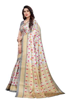 Grey printed khadi saree with blouse 2