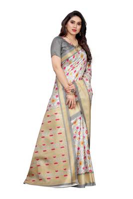 Grey printed khadi saree with blouse 3