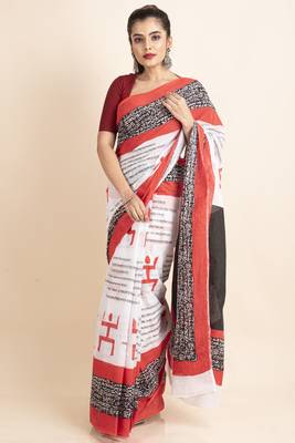 White Red Black Mulmul Cotton Swastik Scripted Saree 1