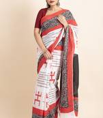 White Red Black Mulmul Cotton Swastik Scripted Saree