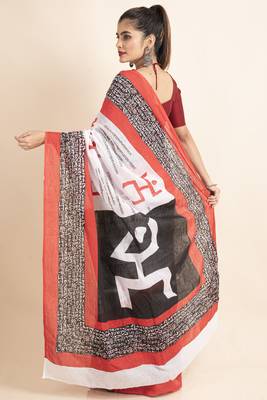 White Red Black Mulmul Cotton Swastik Scripted Saree 2