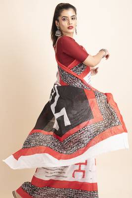 White Red Black Mulmul Cotton Swastik Scripted Saree 3