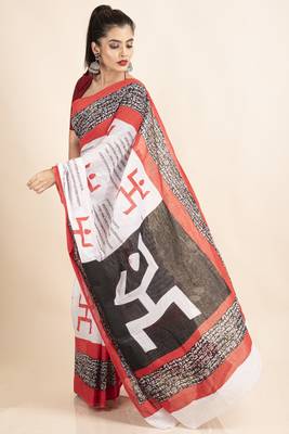 White Red Black Mulmul Cotton Swastik Scripted Saree 5