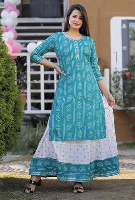 Designer Printed Rayon A-Line Kurti With Skirt Set For Womens 1
