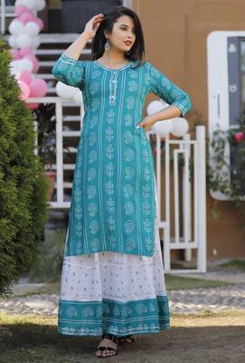Designer Printed Rayon A-Line Kurti With Skirt Set For Womens 2