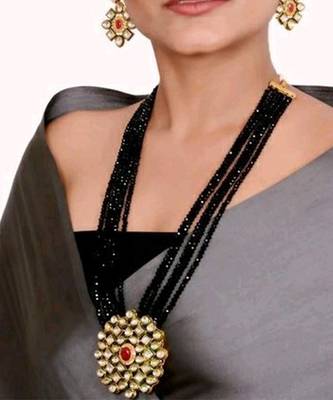 Gold Plated AD Kundan Pendant Black Layered Necklace  Set and matching Earrings for Women and Girls. 1