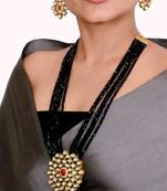 Gold Plated AD Kundan Pendant Black Layered Necklace  Set and matching Earrings for Women and Girls.
