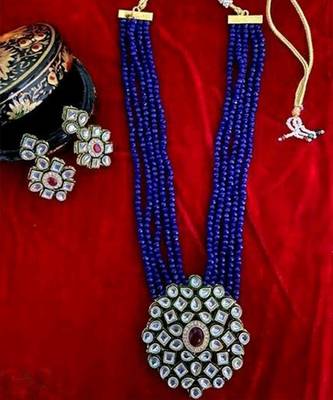 Gold Plated AD Kundan Pendant Blue Layered Necklace  Set and matching Earrings for Women and Girls. 1