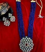Gold Plated AD Kundan Pendant Blue Layered Necklace  Set and matching Earrings for Women and Girls.