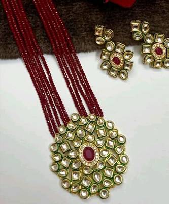 Gold Plated AD Kundan Pendant Maroon Layered Necklace  Set and matching Earrings for Women and Girls. 1