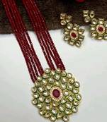 Gold Plated AD Kundan Pendant Maroon Layered Necklace  Set and matching Earrings for Women and Girls.
