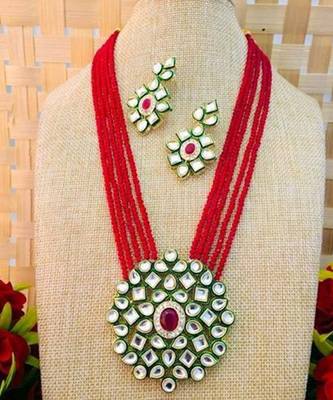 Gold Plated AD Kundan Pendant Red Layered Necklace  Set and matching Earrings for Women and Girls. 1