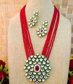 Gold Plated AD Kundan Pendant Red Layered Necklace  Set and matching Earrings for Women and Girls.
