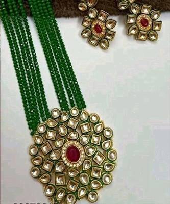 Gold Plated AD Kundan Pendant Green Layered Necklace  Set and matching Earrings for Women and Girls. 1