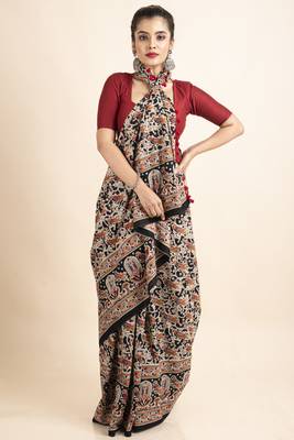 Black Pure Cotton Bird Kalamkari Pompom Saree 1