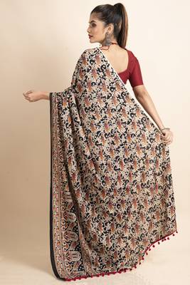 Black Pure Cotton Bird Kalamkari Pompom Saree 2