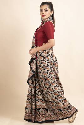 Black Pure Cotton Bird Kalamkari Pompom Saree 3