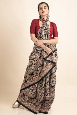 Black Pure Cotton Bird Kalamkari Pompom Saree 4
