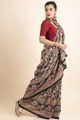 Black Pure Cotton Bird Kalamkari Pompom Saree 5