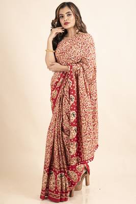 Red Pure Cotton Paisley Kalamkari Pompom Saree 1