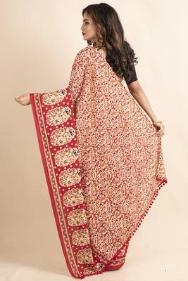 Red Pure Cotton Paisley Kalamkari Pompom Saree 2