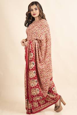 Red Pure Cotton Paisley Kalamkari Pompom Saree 3