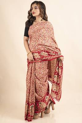 Red Pure Cotton Paisley Kalamkari Pompom Saree 4