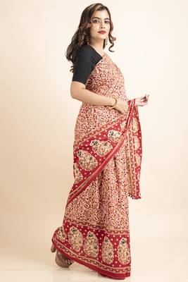 Red Pure Cotton Paisley Kalamkari Pompom Saree 5