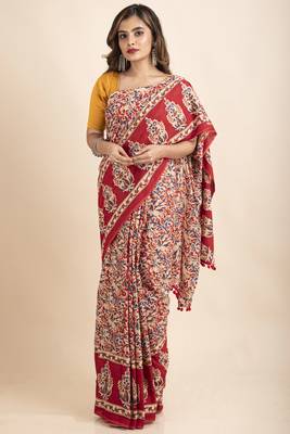 Red Blue Pure Cotton Floral Kalamkari Pompom Saree 1