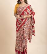 Red Blue Pure Cotton Floral Kalamkari Pompom Saree