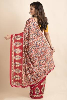 Red Blue Pure Cotton Floral Kalamkari Pompom Saree 2