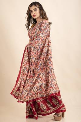 Red Blue Pure Cotton Floral Kalamkari Pompom Saree 3