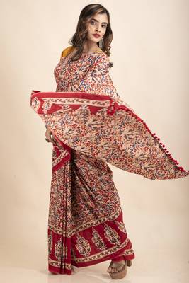 Red Blue Pure Cotton Floral Kalamkari Pompom Saree 4