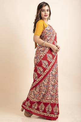 Red Blue Pure Cotton Floral Kalamkari Pompom Saree 5