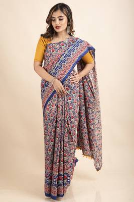 Blue Red Pure Cotton Floral Kalamkari Yellow Pompom Saree 1